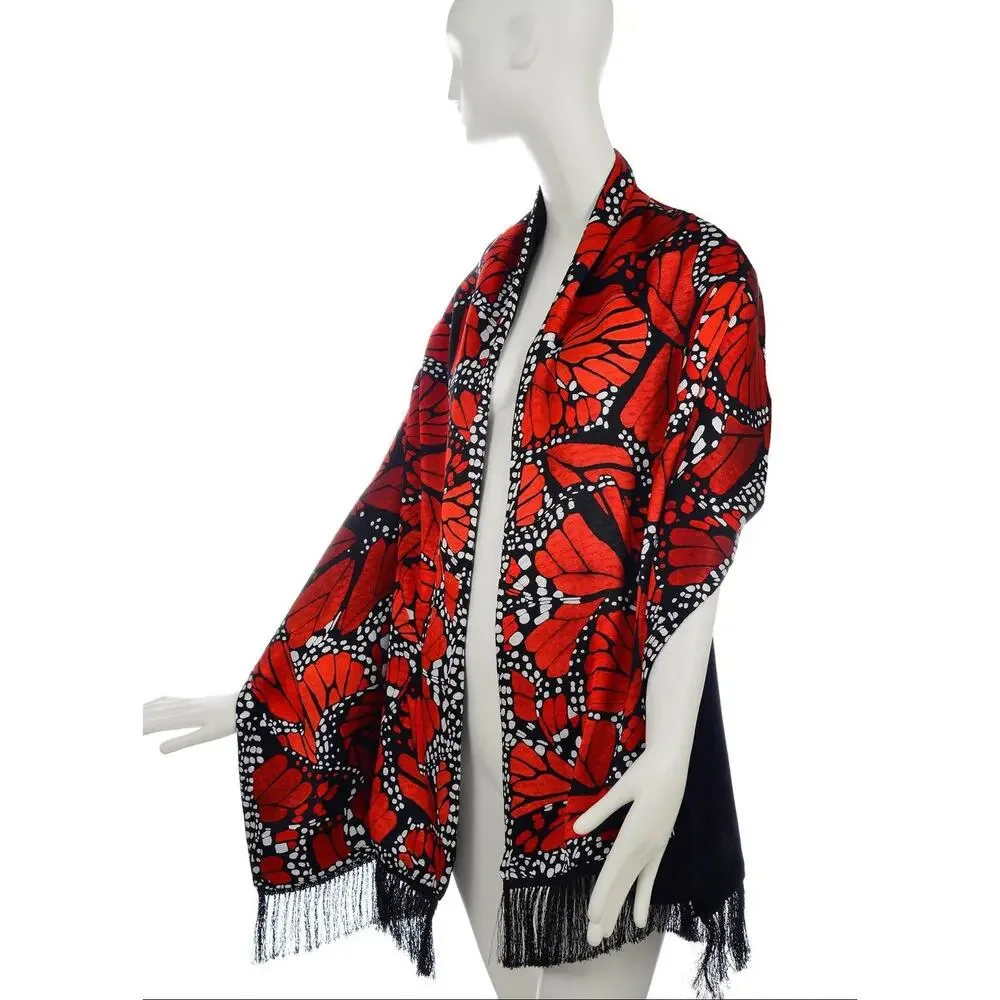 Pineda Covalin Silk Velvet Floral Shawl Scarf Gothic Red Fringe Designer Wrap
